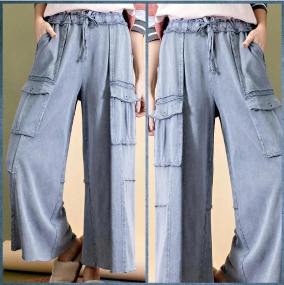 New! Easel Faded Navy Blue Terry Knit Feeling Good Utility Pants - Picture 3 of 4